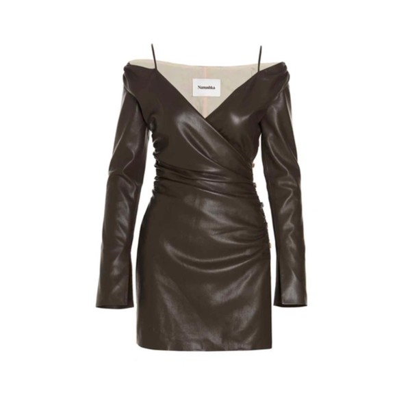 NANUSHKA Nanushka Moha Dress Faux Leather Wrap Brown Button Fit Mini V neck XS - Picture 1 of 12